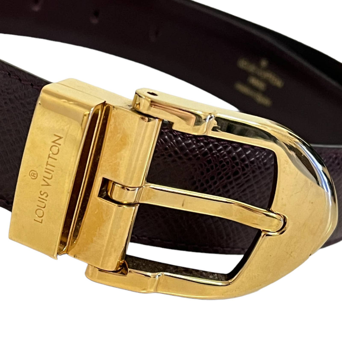 LOUIS VUITTON Vintage LV Logo Buckle Belt #85/34 Beige Gold Leather RankAB
