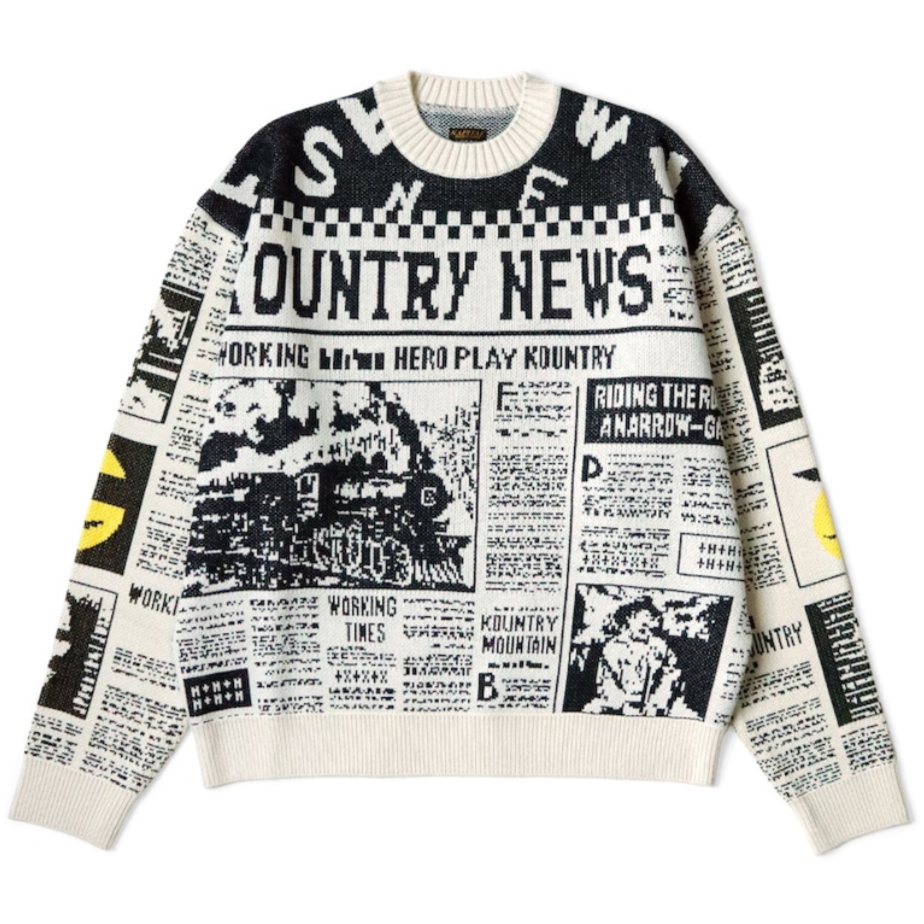 Kapital 8G Knit Newspaper Pattern Crew Sweater (Kountry News)