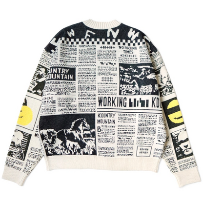 Kapital 8G Knit Newspaper Pattern Crew Sweater (Kountry News)