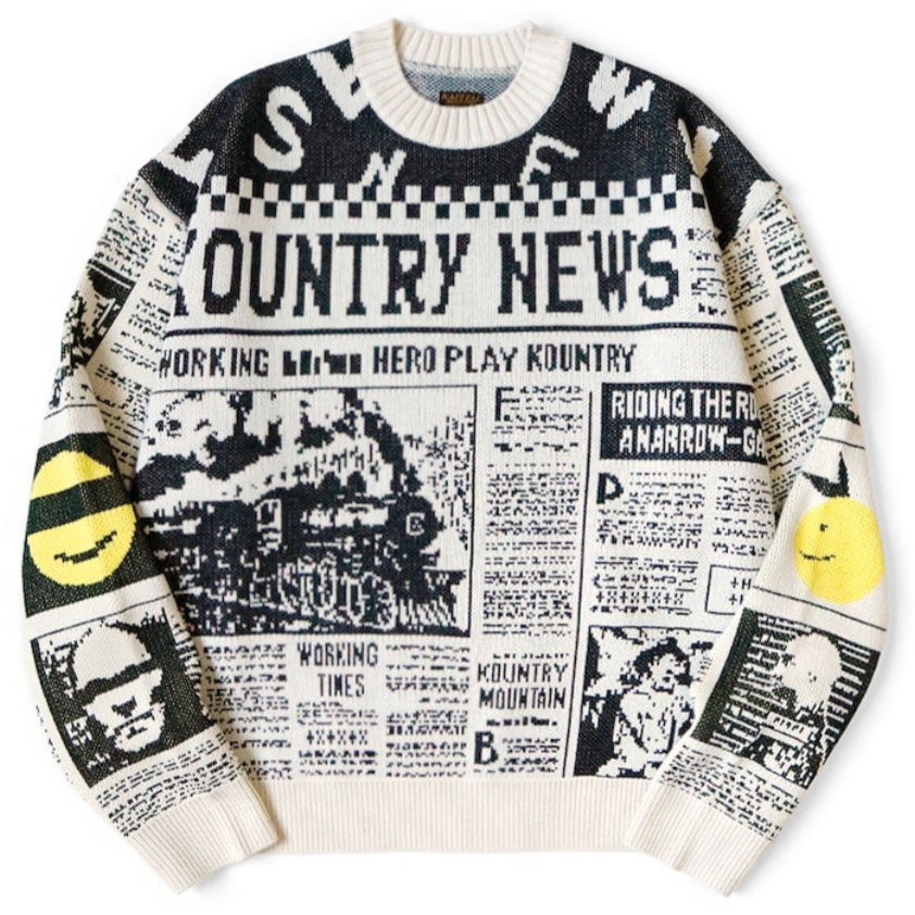 Kapital 8G Knit Newspaper Pattern Crew Sweater (Kountry News)