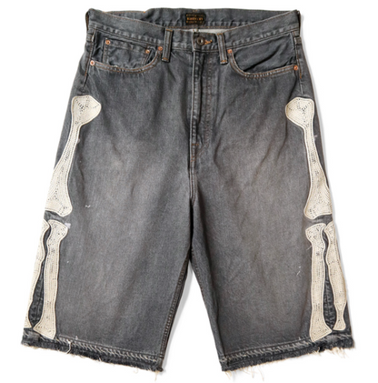 Kapital 14oz Black Denim 5P Short Pants (Bone Embroidery)