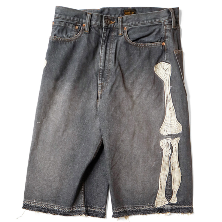 Kapital 14oz Black Denim 5P Short Pants (Bone Embroidery)