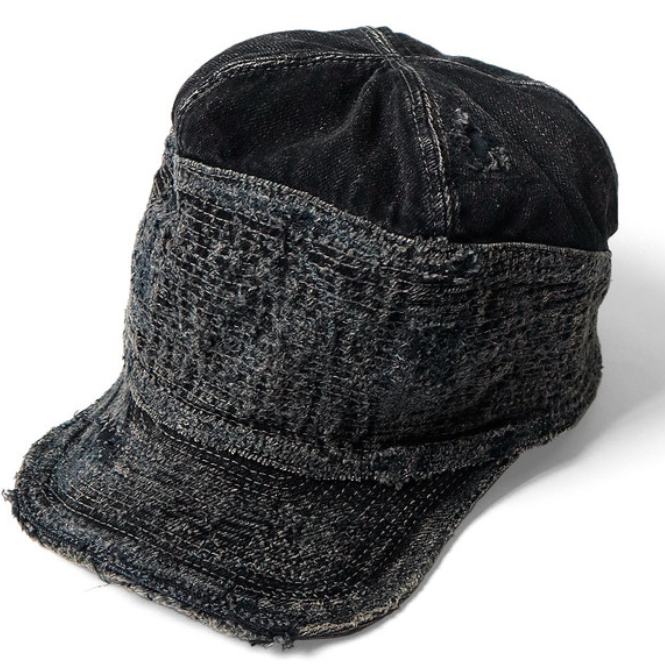 Kapital 11.5oz Black x Black Denim Old Man And The Sea Cap (Crash Remake)