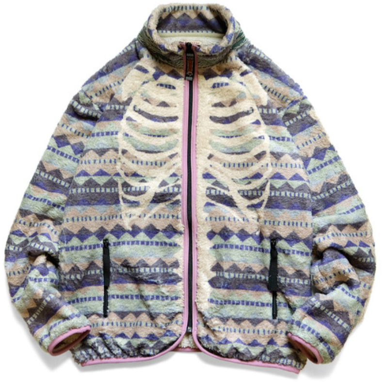 Kapital Ashland Stripe & Bone Pattern Fleece Zip Blouson