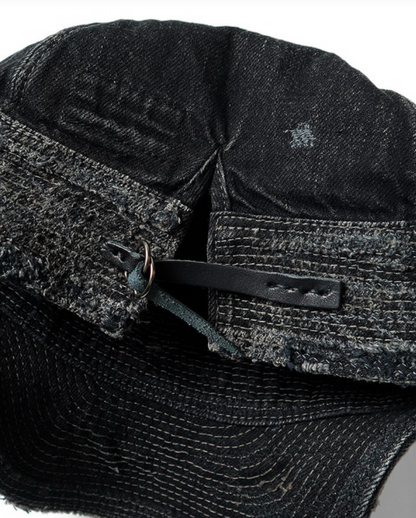 Kapital 11.5oz Black x Black Denim Old Man And The Sea Cap (Crash Remake)